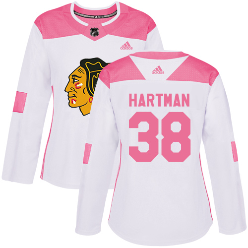 Adidas Blackhawks #38 Ryan Hartman White/Pink Authentic Fashion Women's Stitched NHL Jersey